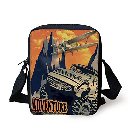 Adventure,Grunge Retro Poster of a Big Car with Huge Tyres and Biplane on the Mountains,Orange Tan Print Kids Crossbody Messenger Bag Purse