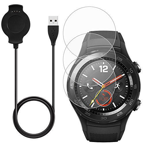 AFUNTA Cargador & ----3 Pcs Protector de Pantalla para Huawei Smart Watch 2, Reemplazo Cargador Cable Base con Repuesto Vidrio Templado Antiarañazos Protectores