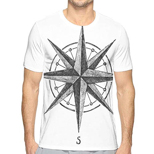 AIQIIA Mens 3D Printed T Shirts,Seamanship Hand Drawn Windrose with Complete Directions North South West S