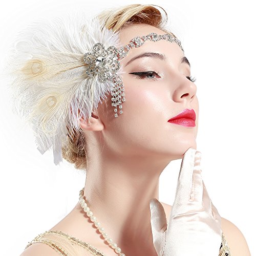 BABEYOND Años 20 Flapper Diadema de Plumas de Pavo Real Diadema Gatsby Vintage Cinta para el Pelo con Cuentas de Cristal Accesorios Vintage Disfraz Gran Gatsby Fiesta Temática Prom