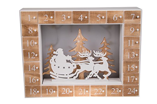 Calendario de Adviento - 24 días hasta Navidad - Madera - Diorama con Luces LED para la Noche de Navidad - Funciona a Pilas - Papá Noel, Trineo y Reno - 34,9 x 26,7 cm