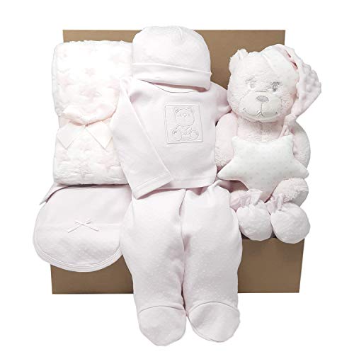 Cesta Bebé modelo MabyBox My Teddy | Canastilla de bebé para regalo que incluye manta, ropa de recien nacido y Peluche (Rosa, 0-3 meses)