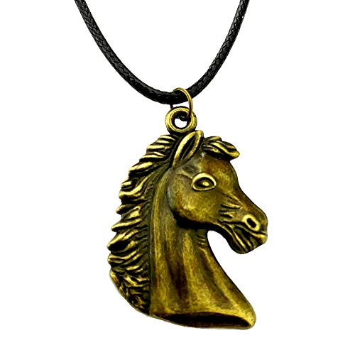 Collar con colgante de cuello de cabeza de caballo de bronce antiguo, cordón de piel, joyería de animales, para hombres, mujeres, niñas, niños, unisex