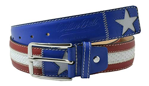 Cotton Belt, Cinturón de hombre y mujer, Ajustable, Rojo, Blanco y Azul, 125 cm (talla 54-56), con costuras, hebilla en metal