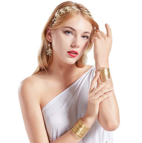 Coucoland Diadema de hoja de la diosa griega con pendientes de perla de hoja de alambre de metal bobina pulsera de traje de la diosa juego de accesorios dorado (estilo-2-oro)