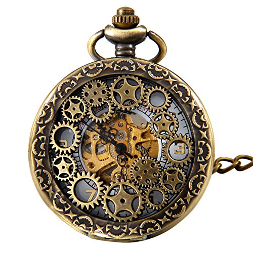 Engranaje retro de piñón de alto calado manual devanado, reloj de bolsillo mecánico, esqueleto de reloj, reloj para colgar con cadena de JewelryWe