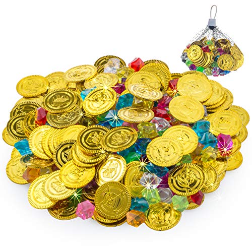 FORMIZON 100 Piezas de Monedas Doradas de Plástico de Pirata, 104 Piezas de Gemas Piratas, Monedas de Oro y Gemas Piratas del Tesoro Pirata para Fiestas Temáticas Piratas