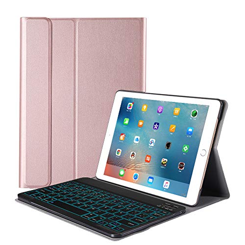 FRACASE Funda Teclado para iPad 10.2(2019),Español ,Retroiluminación de 7 colores,Teclado Bluetooth Inalámbrico Removible PU Estuche de Piel para iPad 10.2 Teclado Español -Rose Gold