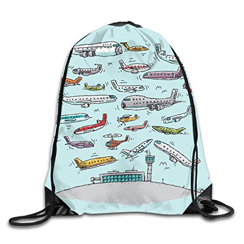 Fuliya Print Drawstring Backpack,Planes Fying In Air Aviation Love Airport Helicopters And Jets Cartoon,Beach Bag for Gym Shopping Sport Yoga