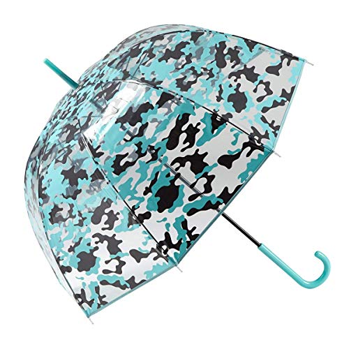 GOTTA Paraguas Transparente Largo de Mujer con Forma de cúpula. Antiviento y Manual. Estampado Camuflaje - Turquesa