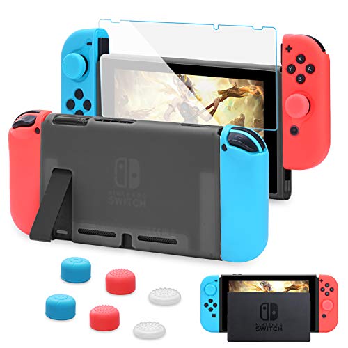 HEYSTOP Carcasa Nintendo Switch, Funda Nintendo Switch con Protector de Pantalla para Nintendo Switch Console y Joy Cons con 6 Agarres para el Pulgar (Negro)