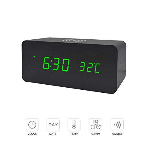 JLCSM Reloj de Alarma Digital LED, Reloj de Madera silencioso de la Cama, con Alarma múltiple y Brillo de Nivel, Negro