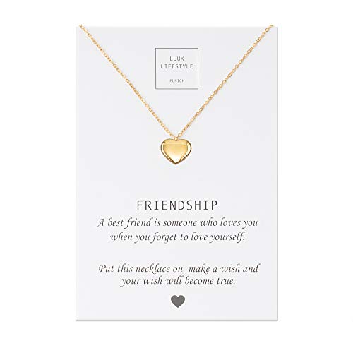 LUUK LIFESTYLE Collar de acero inoxidable con colgante de corazón y tarjeta de Friendship, amuleto de la suerte, cadena de la amistad, regalo de cumpleaños, oro