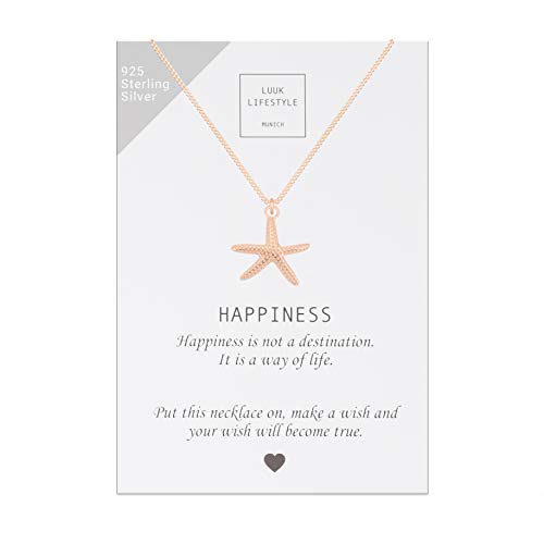 LUUK LIFESTYLE Collar de plata de ley 925 con colgante de estrella de mar y cita Happiness, joya de mujer, tarjeta de regalo, amuleto, rosa