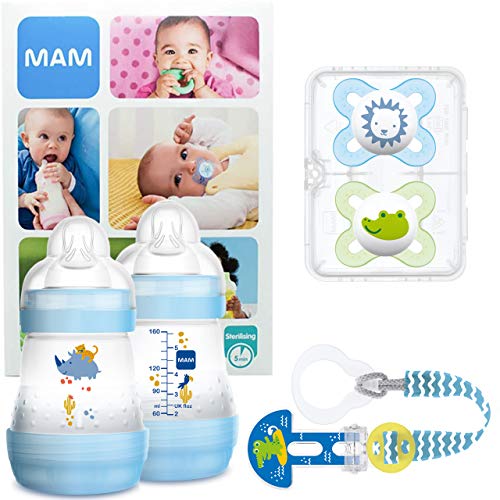 MAM Welcome Baby Starter Set, regalos para bebé, canastilla con 2 biberones anticólicos Easy Start (160 ml), 2 chupetes Start de silicona (0-2 meses) y chupetero, NIÑO