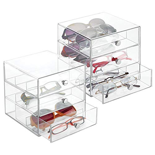 mDesign Juego de 2 guarda gafas con 3 cajones cada uno – Organizador de gafas de vista, de lectura o de sol – Expositor de gafas con subdivisiones fabricado en plástico – transparente