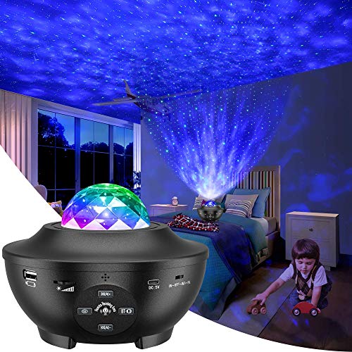 Proyector de Luz Estelar, LED de Luz Nocturna Giratorio, Lámpara de Nocturna Estrellas, 10 Modos Proyector LED Color Reproductor de Música, con Bluetooth/Temporizador/Remoto