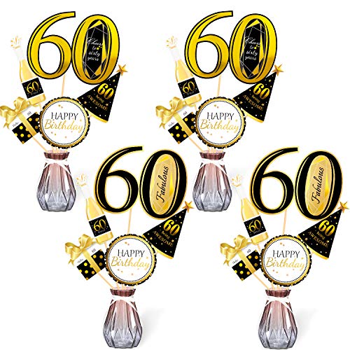 Qpout Palillos de Centro de Mesa de 60 años de Oro negro-60 Cubiertos de Mesa de cumpleaños -Accesorios de decoración de cumpleaños-60 Fabuloso -Fiesta de cumpleaños de 60 años