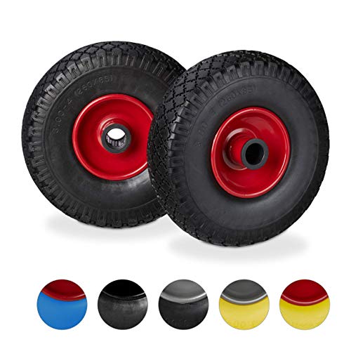 Relaxdays Set de dos ruedas de carretilla, Neumático de goma 3.00-4, Eje de 25mm, Hasta 100 kg, Negro-rojo