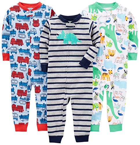 Simple Joys by Carter's pijama de algodón sin pies para bebés y niños pequeños, paquete de 3 ,Fire Truck/Dino/Animals Green/Green ,US 2T (EU 92-98)