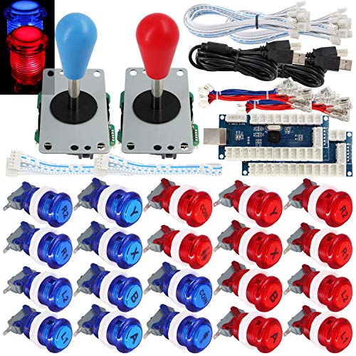 SJ@JX 2 Player Arcade Game Stick DIY Kit Buttons with Logo LED 8 Way Joystick USB Encoder Cable Controller for PC MAME Raspberry Pi Red Blue