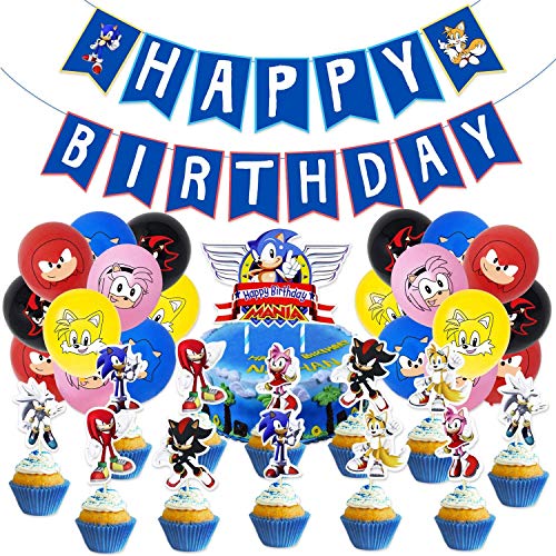 Sonic Decoración para Fiestas de Cumpleaños con Globos Banderín Feliz Cumpleaños Tarjetas de Tarta Adornos de Casa para Fiestas Fiesta Temática Erizo Dibujos Animados para Niños Adultos Fans
