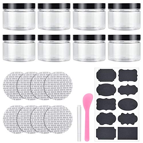 SSPECOTNR 8 tarros de plástico de 250 ml pequeños redondos transparentes con tapas espátula y etiquetas para cocina baño alimentos productos secos nueces crema manualidades almacenamiento sin BPA