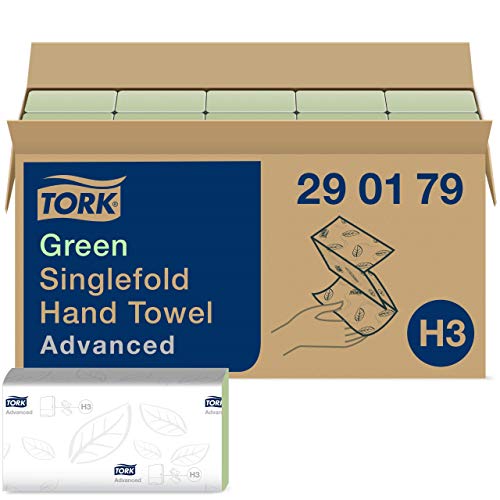 Tork 290179 Toallas verdes de mano de papel Tork Advanced plegadas en V/Toallitas secamanos absorventes, compatibles con el sistema de Tork H3