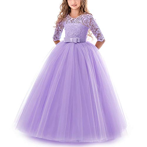 TTYAOVO Chicas Princesa Flor Vestir Largo Pelota Vestido Cordón Cumpleaños Vestidos 6-7 años(Talla130) 378 Morado