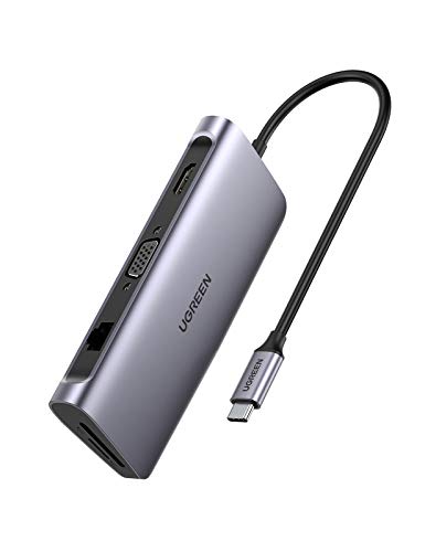 UGREEN Hub USB C 3.1 a HDMI 4K, VGA 1080P, Gigabit Ethernet, 3 Puertos USB 3.0, 100W Power Delivery, Lector SD TF Compatible con Macbook Pro M1 2020, Macbook Air M1 2020, ASUS ZenBook, DELL XPS