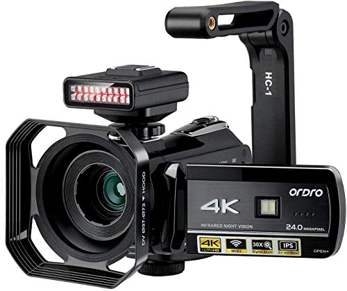 Videocámara 4K ORDRO UHD de visión Nocturna, cámara de vídeo Vlog de Caza de Fantasmas videocámara para Youtube de 3.1 Pulgadas IPS de Pantalla táctil con luz infrarroja, Soporte de Lente de Mano