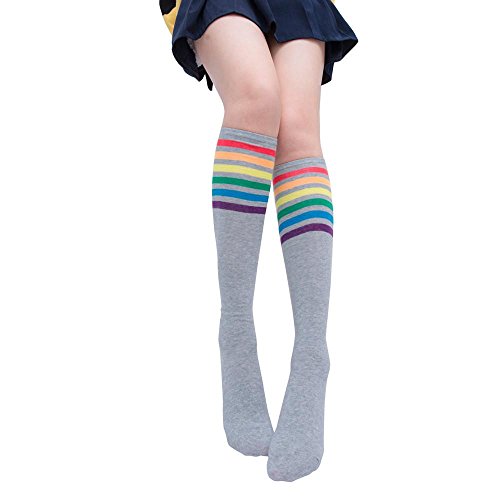 VJGOAL Mujeres de moda casual color sólido Muslo Calcetines altos Sobre la rodilla Rainbow Stripe Girls Fútbol Calcetines deportivos(Un tamaño,Gris)