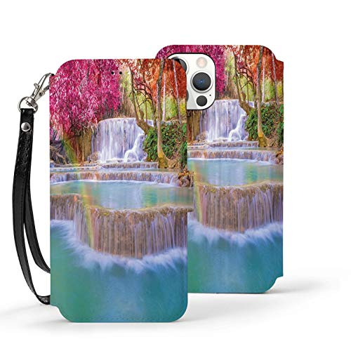 Y-Store Iphone12 Series Flip Case with Card Holder PU Leather+TPU Cover Waterfall Decor Rain Forest In Vietnam Laos with Asian Pink and Orange Trees Side of River Image Pink