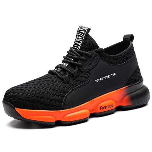 YISIQ Zapatos de Seguridad para Hombre Mujer Transpirable Ligeras con Puntera de Acero Trabajo Calzado de Zapatos de Industrial y Deportiva Unisex, Negro naranja, 43 EU