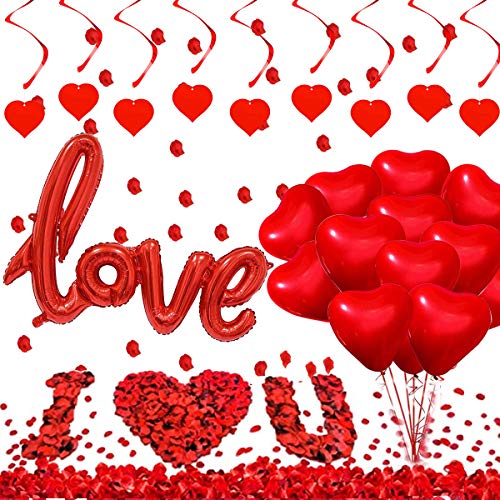 YiYa Juego de decoraciones de San Valentín Contiene globos en forma de corazón Love Globos de papel de aluminio pétalos rosa y remolinos de corazón para el día de San Valentín boda fiesta decoración