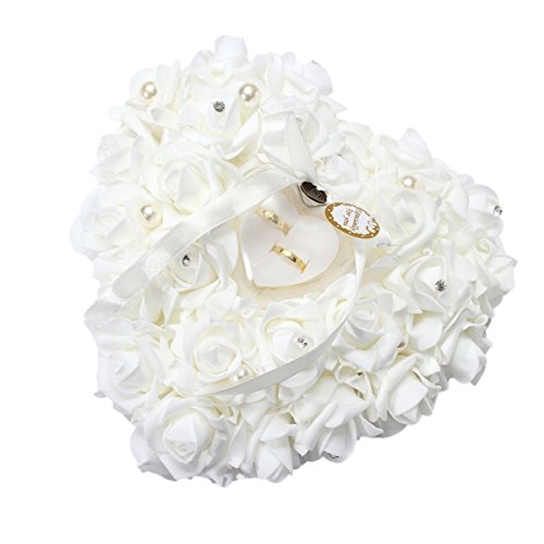 Yosoo 15x13cm Rose Blanca romántica de la Boda del Anillo de la Caja del corazón de Rose favores de la Caja de la Almohadilla del Anillo de Bodas con Elegantes Joyas de Raso Accesorios Flora