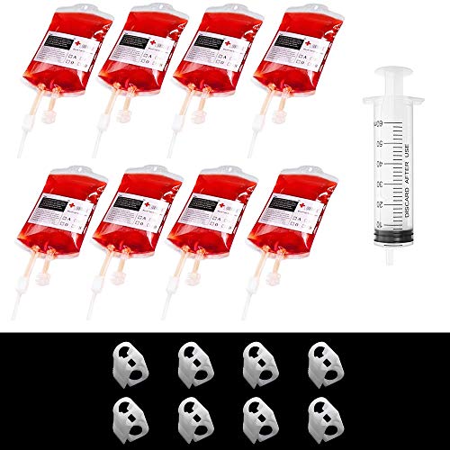 8 Piezas Bolsa de Sangre Bolsa de Bebida de Sangre de PVC 350ml con Una Jeringa de 60 ml Se Utiliza para Juegos de Rol de Halloween Vampiros Zombis Médicos Enfermeras
