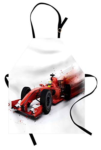 ABAKUHAUS Coches Delantal de Cocina, Formula 1 Auto Racing, Los Colores No Destiñen Ajustable Estampa Digital, Negro Rojo