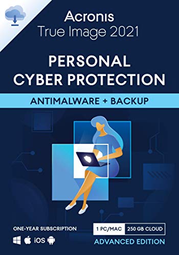 Acronis True Image 2021 – Ciberprotección personal | Copia de seguridad y antivirus integrados 250 GB |1 PC/Mac|Android/iOS | Advanced Edition -1 User 12 Meses| Código de activación enviado por email