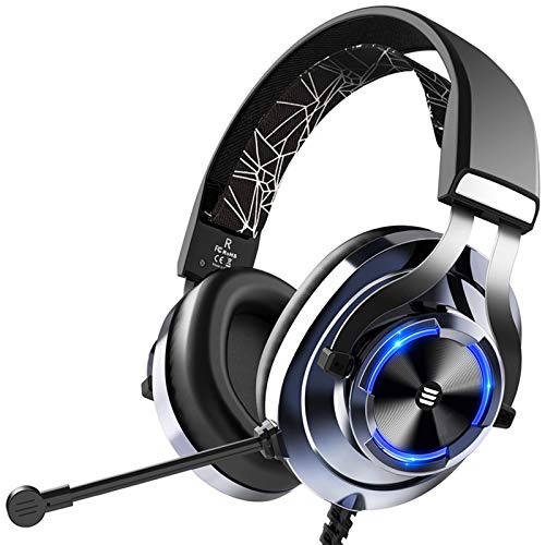 ASYHWZ 2021 Gaming Headset Auriculares para PC con cómodas Orejeras Micrófono con cancelación de Ruido y luz RGB, Auriculares para Colocar sobre Las Orejas compatibles con la Consola PS4 PS5,Azul