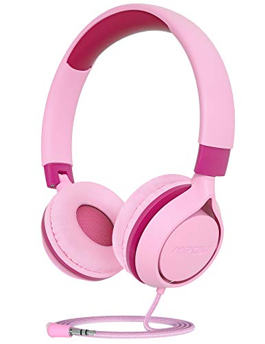 Auriculares para niños,Mpow CHE1 Volumen Limitado en el oído Auriculares para niños con Conector de Audio de 3.5 mm para niñas y niños, Auriculares con Cable Ajustable y Plegable, Rosa