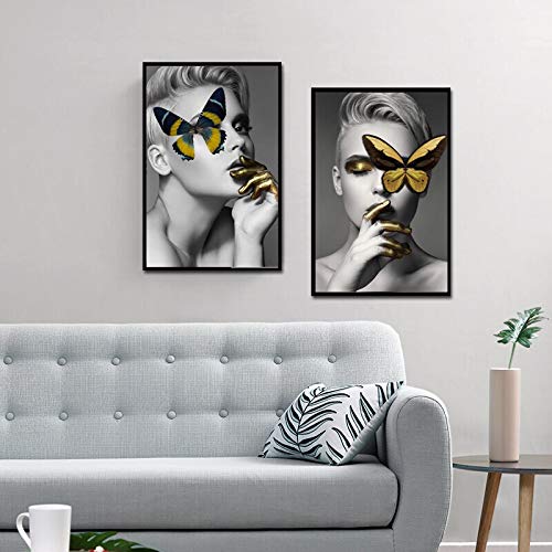 BailongXiao Cartel de Retrato de diseño Creativo y Lienzo Impreso Arte Maquillaje Chica de Moda con Mariposa,Pintura sin marcoCJX1512-60X90cmx2