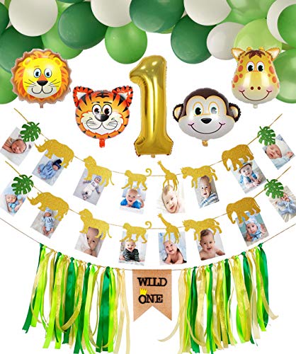 Bebé 1er Cumpleaños Decoraciones, Wild One Trona Banner, Banner de Fotos de Animales, Número 1 Globo, 44 piezas Globos Temáticos de Animales, Selva Fiesta de Cumpleaños Decoracion para Niño