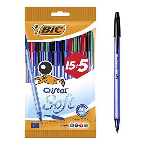 BIC Cristal Soft bolígrafos punta media (1,2 mm) - colores Surtidos, Blíster de 15+5