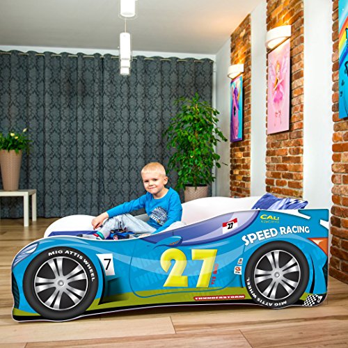 Cama infantil coche de carreras + somier (barandas) + colchón de espuma con cubierta (160 x 80 cm (3-8 años), blue 27)