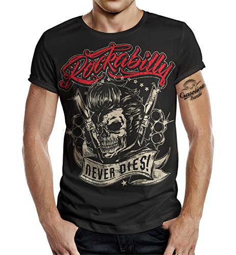 Camiseta Rockabilly diseño: Big Size Print Rockabilly Never Dies! Negro L