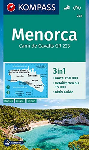 Carta escursionistica n. 243. Menorca 1:50.000: 3in1 Wanderkarte 1:50000 mit Aktiv Guide und Detailkarten bis 1:9000. Fahrradfahren.