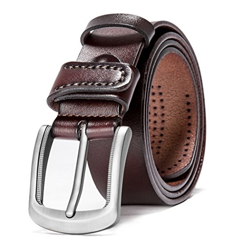 Cinturón de cuero HZHY para hombre, con hebilla antiarañazos, ideal para usar con vestimenta informal, vaqueros y ropa de trabajo Marrón Type 82483 Medium
