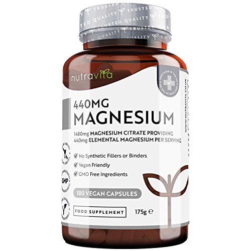 Citrato de Magnesio 1480 mg que Proporciona 440 mg Alta Dosis de Magnesio Elemental - Alta Biodisponibilidad - 180 Cápsulas Veganas - Suministro 90 Días - Fabricado en el Reino Unido por Nutravita