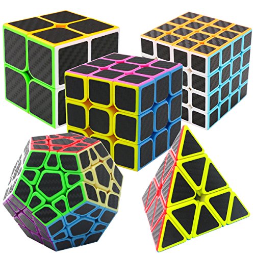 Coolzon Puzzle Cubes Megaminx + Pyraminx + 2x2x2 + 3x3x3 + 4x4x4 5 Pack in Giftbox Cubo Magico con Pegatina de Fibra de Carbono Velocidad